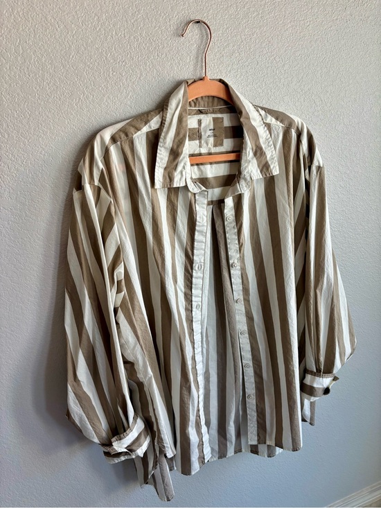 aerie Tops - Aerie Oversized Ivory and Beige Vertical Stripe Button-Down Shirt